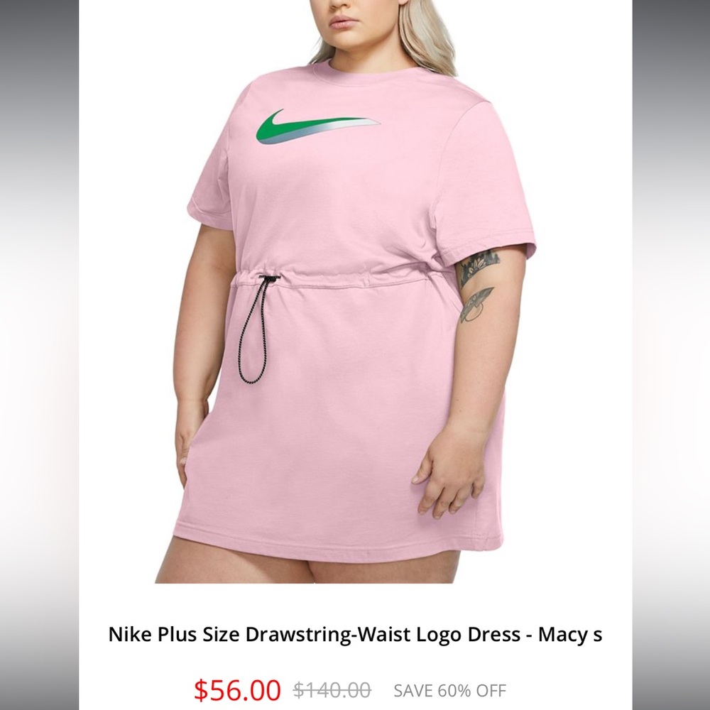 Nike Plus Size Drawstring-Waist Logo Dress Pink Dress with Green Swoosh like new